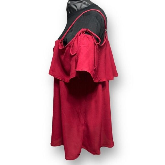 Torrid 2X Red Georgette Cold Shoulder Ruffle Blouse Flowy Romantic Holiday Fairy - Picture 7 of 10